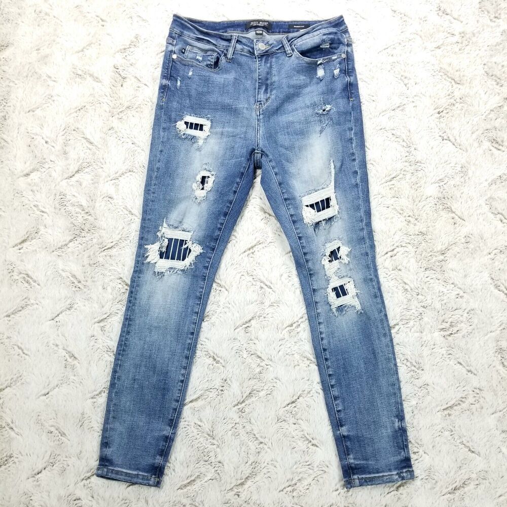 Judy Blue Jeans Womens Size 11/30 Blue Skinny Fit Distressed Dark Wash Denim